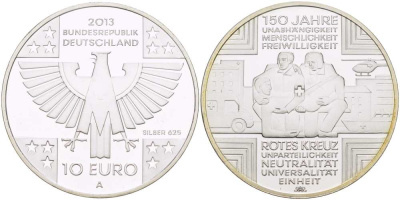 ФРГ 10 евро 2013 А, 150 ЛЕТ ОРГАНИЗАЦИИ КРАСНЫЙ КРЕСТ KM 320 серебро PROOF 1084-7-73