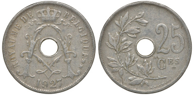 Бельгия 25 сантимов 1927 Belgique KM 68.1 медно-никель 4163-631