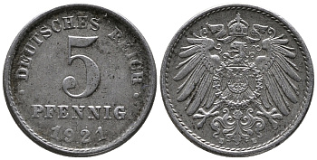 ГЕРМАНИЯ 5 ПФЕННИГОВ 1921 E KM 19, J. 297 железо 39-266