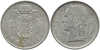 БЕЛЬГИЯ 1 ФРАНК 1951 BELGIE KM 143.1 медно-никель 4395-453