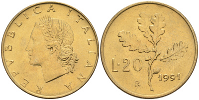 Италия 20 лир 1991 R, дубовый лист KM 97.2 алюминиевая бронза  UNC  4594-829