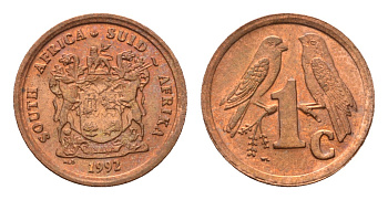 ЮАР 1 цент 1992 герб, капские воробьи KM 132 сталь плакированная медью UNC 4694-111