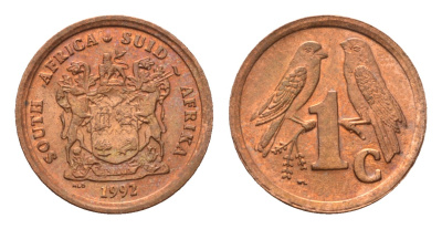 ЮАР 1 цент 1992 герб, капские воробьи KM 132 сталь плакированная медью UNC 4694-111