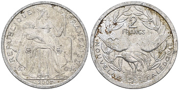 Французская Новая Каледония 2 франка 2006 птица кагу, (IEOM) KM 14, Schoen 11, Lec 68k алюминий    28-1221