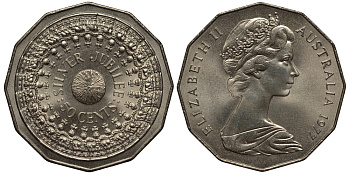 АВСТРАЛИЯ 50 ЦЕНТОВ 1977 СЕРЕБРЯННЫЙ ЮБИЛЕЙ КОРОЛЕВЫ, ЕЛИЗАВЕТА II, МОЛОДОЙ ПОРТРЕТ KM 70 медно-никель UNC 1522-515