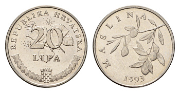 Хорватия 20 кун 1993 олива, легенда на хорватском KM 7 сталь плакированная никелем UNC 4618-525