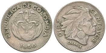 Колумбия 10 сентаво 1956 В, индеец Каларка KM 212 медно-никель 4611-853