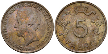 Люксембург 5 франков 1949 Великая герцогиня Шарлотта (1919-1964) KM 50 медно-никель 4603-1126