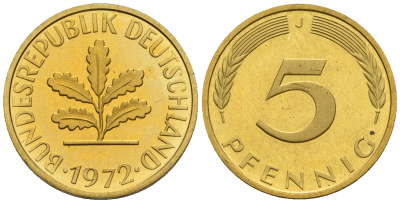 ФРГ 5 пфеннигов 1972 J KM 107, J.382 сталь плакированная латунью PROOF 00-00