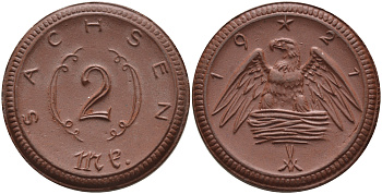 Саксония 2 марки 1921 J. N 56 фарфор 1094-2-45