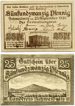 ШВЕЙДНИЦ (СВИДНИЦА ПОЛЬША) 25 ПФЕННИГОВ 1920 НОТГЕЛЬД, 25 СЕНТЯБРЯ 1920 Grabowski S61.2 бумага 7551-38-2-2