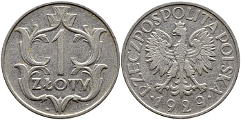 ПОЛЬША 1 ЗЛОТЫЙ 1929 w KM 14 никель 4389-1013