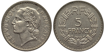 ФРАНЦИЯ 5 ФРАНКОВ 1935 KM 888 никель 215-345
