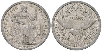 Французская Новая Каледония 1 франк 1985 птица кагу, (IEOM) KM 10, Schoen 10, Lec 47 алюминий 51-2833