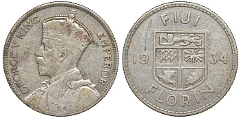 Фиджи 1 флорин 1934 Георг V (1910-1936), герб Фиджи KM 5 серебро 91-1231