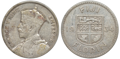 Фиджи 1 флорин 1934 Георг V (1910-1936), герб Фиджи KM 5 серебро 91-1231