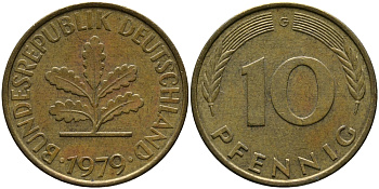 ФРГ 10 ПФЕННИГОВ 1979 G KM 108, J.383 сталь плакированная латунью 33-136