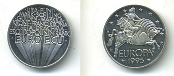Бельгия 1 евро экю 1995 похищение Европы медно-никель UNC 84-1425