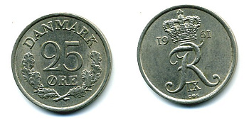 ДАНИЯ 25 ЭРЕ 1961 ФРИДЕРИК IX KM 850 медно-никель 04-914