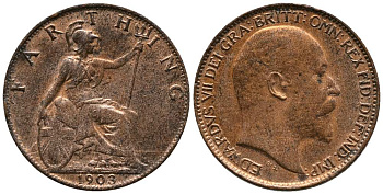 Великобритания 1 фартинг 1903 Эдуард VII (1901-1910), KM 792, Spink 3992 бронза 117-251