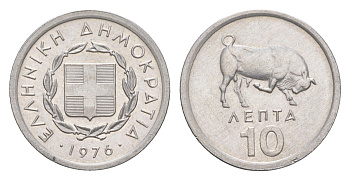 Греция 10 лепт 1976 бык KM 113 алюминий UNC 220-953