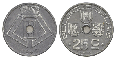Бельгия 25 сантимов 1946 Belgique - Belgie, Леопольд III (1934-1947), германская оккупация, Вторая мировая война KM 131 цинк 4619-1026