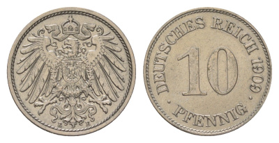 Германия 10 пфеннигов 1909 E, Вильгельм II (1888-1918) KM 12, J. 13 медно-никель aUNC 4625-1028