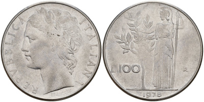 Италия 100 лир 1978 R, Афина у оливкого дерева KM 96.1 нержавеющая сталь 4149-1225