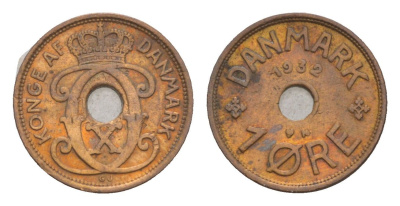 Дания 1 эре 1932 N, Кристиан X (1912-1947) KM 826 бронза 4658-148