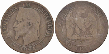 ФРАНЦИЯ 5 САНТИМОВ 1861 K, НАПОЛЕОН III (1852-1870) KM 797.3, LE FRANC 117.4 бронза 108-511