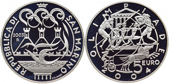 Сан-Марино 5 евро 2003 R,  Летние Олимпийские игры 2004 в Афинах KM 453 серебро PROOF 1087-6-43