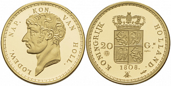 НИДЕРЛАНДЫ МЕДАЛЬ ND СЕРИЯ СТАРЫЕ МОНЕТЫ, 20 ГУЛЬДЕНОВ 1808, ФРАНЦУЗСКИЙ ИМПЕРАТОР ЛУИ НАПОЛЕОН (НАПОЛЕОН III) 1806-1810, УТРЕХТ, ПОЗОЛОТА серебро PROOF 1087-4-35