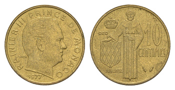 Монако 10 сантимов 1977 KM 142 медь алюминий никель aUNC 4632-837
