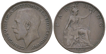 Великобритания 1 фартинг 1916 Георг V (1910-1936) KM 808.1, Spink 4059 бронза 4617-855