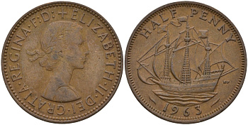 Великобритания 1/2 пенни 1963 Елизавета II (1952-2022) KM 896, Spink 4158 бронза 4146-312
