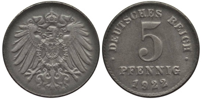 ГЕРМАНИЯ 5 ПФЕННИГОВ 1922 KM 19, Jager 297, Weege 5 железо 4547-634