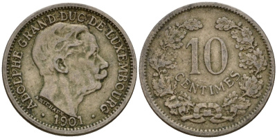Люксембург 10 сантимов 1901 Адольф (1890-1905) KM 25 медно-никель 4602-427