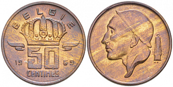 Бельгия 50 сантимов 1969 Belgie, Бодуэн I (1951-1993) KM 149.1 бронза UNC 3996-1254