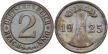 Германия 2 рейхспфеннига 1925 F KM 38, J.314, Weege 4 медь 4584-647