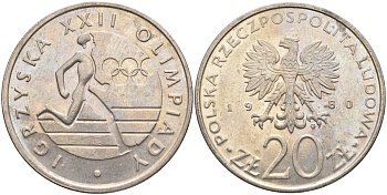 Польша 20 злотых 1980 MW, XXII летние Олимпийские Игры, Москва 1980, бегун KM 108, Parchimowicz 252 медно-никель 4531-231