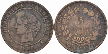 ФРАНЦИЯ 5 САНТИМОВ 1896 A, ТРЕТЬЯ РЕСПУБЛИКА (1871-1940) KM 821.1, LE FRANC 118.38 бронза 108-741