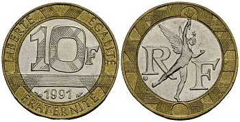 Франция 10 франков 1991 тип Гений Бастилии KM 964.1, Le Frank 375.6 биметалл 4135-545