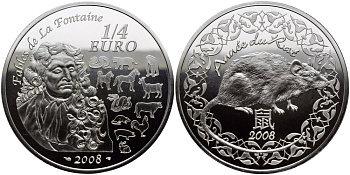 Франция 1/4 евро 2008 басни Лафонтена, год крысы KM 1572 серебро BUNC 1068-10-63