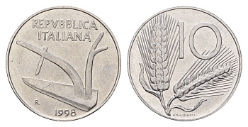 Италия 10 лир 1998 R, плуг KM 93 алюминий UNC 4119-611