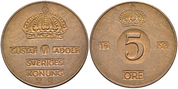 Швеция 5 эре 1952 TS, Густав VI Адольф (1950-1973) KM 822 бронза 00-00