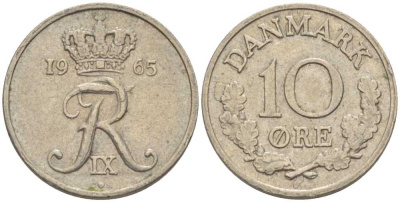 Дания 10 эре 1965 C;S, Фредерик IX (1947-1972) КМ 849.1 медно-никель 4387-948