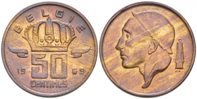 Бельгия 50 сантимов 1969 Belgie, Бодуэн I (1951-1993) KM 149.1 бронза UNC 3996-1254