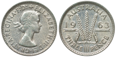 Австралия 3 пенса 1963 m, Елизавета II (1952-2022) KM 57 серебро 71-852
