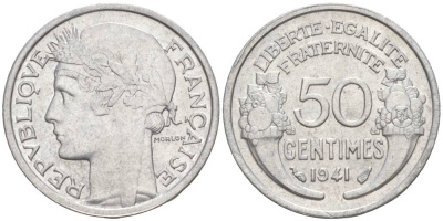 ФРАНЦИЯ 50 САНТИМОВ 1941 ТИП MORLON LOURDE KM 894.1a, LE FRANC 193.2 алюминий 44-164