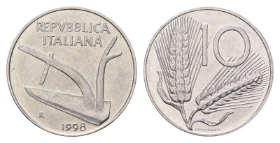 Италия 10 лир 1998 R, плуг KM 93 алюминий UNC 4119-611
